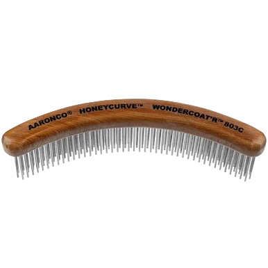 Aaronco 7"" HoneyCurve Wundercoat'r Comb,"Curved wooden pet comb with metal teeth"