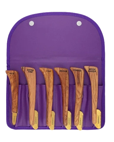 Aaronco Goldfin Set of 6 Gold Plated Stripping Knife,"Six wooden stripping knives in a purple storage pouch"