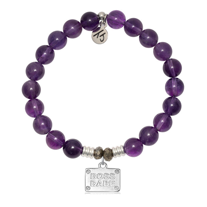 Amethyst Gemstone Bracelet with Boss Babe Sterling Silver Charm
