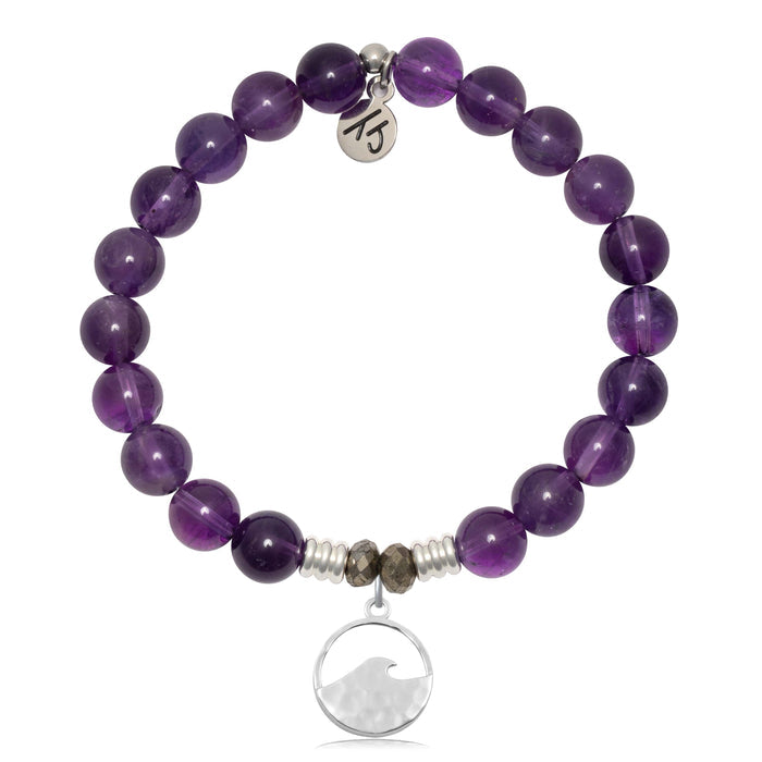 Amethyst Gemstone Bracelet with Hammered Waves Sterling Silver Charm