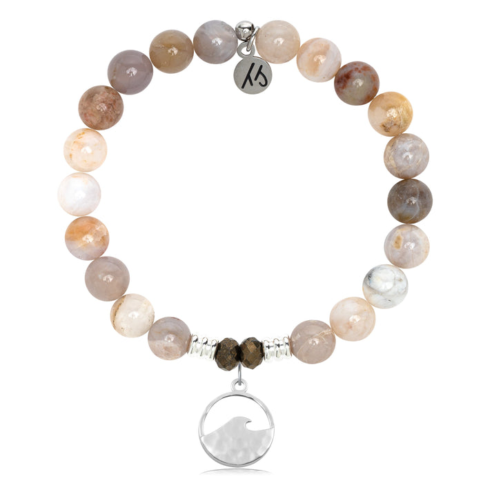 Australian Agate Stone Bracelet with Hammered Waves Sterling Silver Charm
