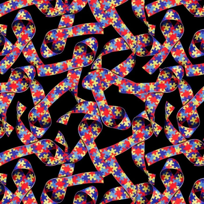 Autism Awareness Puzzle Ribbons Black Cotton Fabric