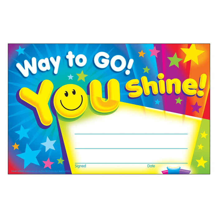 AWARD CERTIFICATE: WAY TO GO YOU SHINE 30 PACK