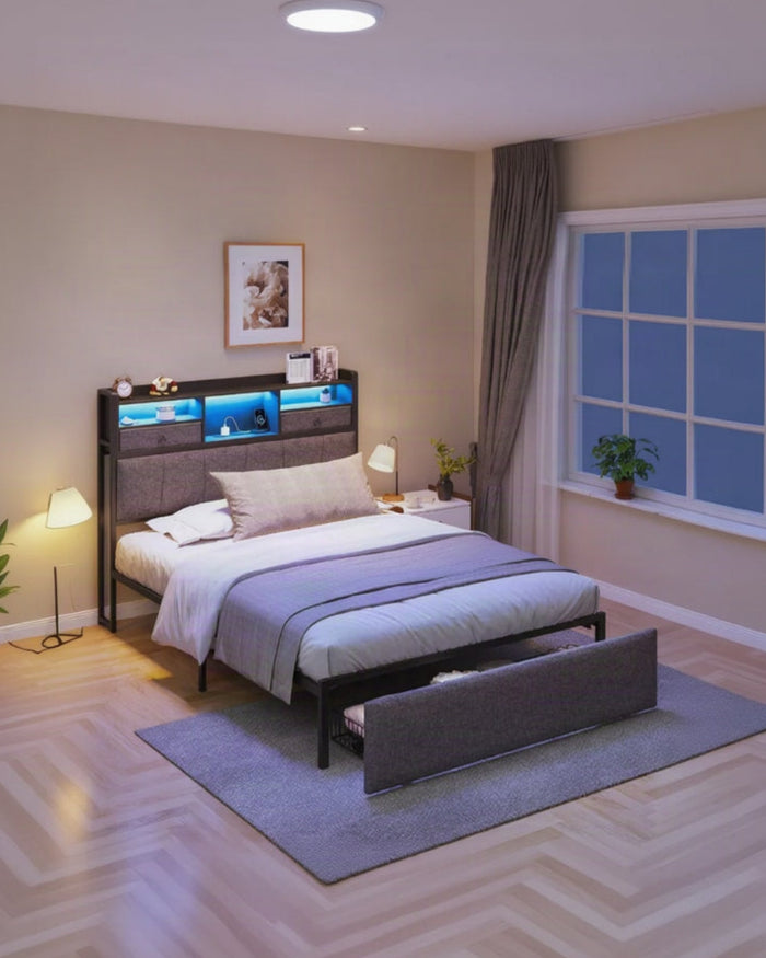 Bed Frame with LED Lights & Charging Station