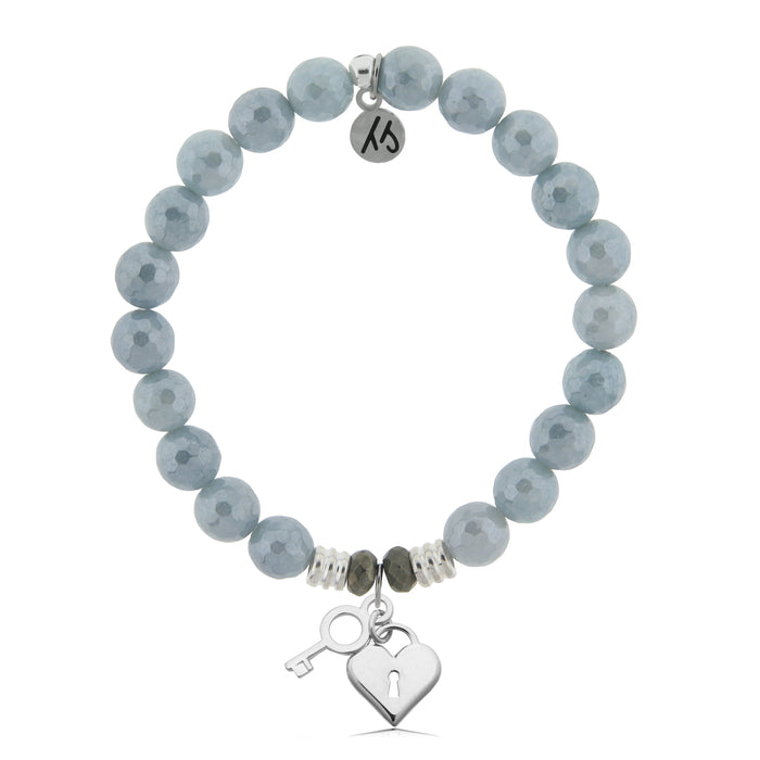 Blue Quartzite Stone Bracelet with Key to my Heart Sterling Silver Charm