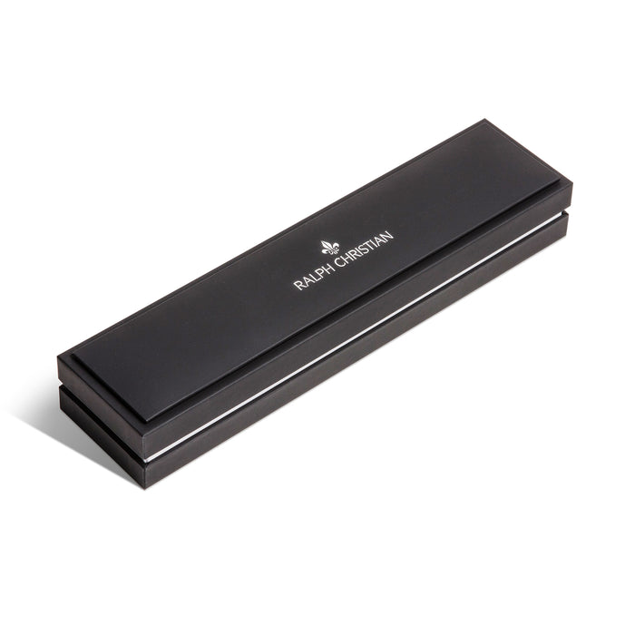 Black rectangular watch box with Ralph Christian logo in white, designed to hold the Blue Silicone Strap With Rose Gold Buckle men's luxury watch.