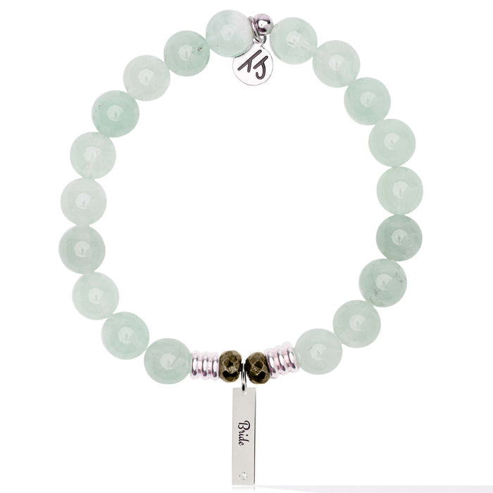 Bridal Collection: Green Angelite Stone Bracelet with Bride Sterling Silver Charm Bar