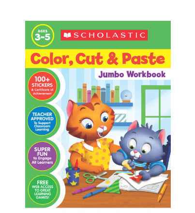 COLOR,CUT, PASTE JUMBO WORKBOOK AGE 3-5