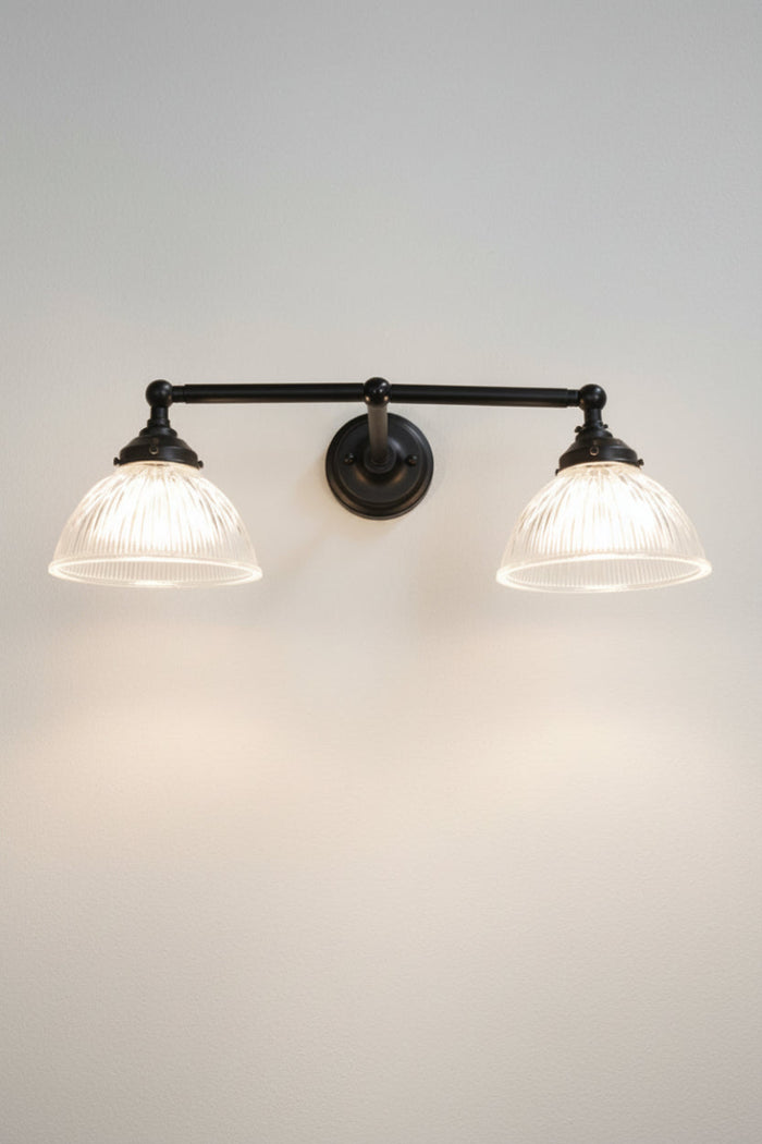 Black double arm holophane glass wall light