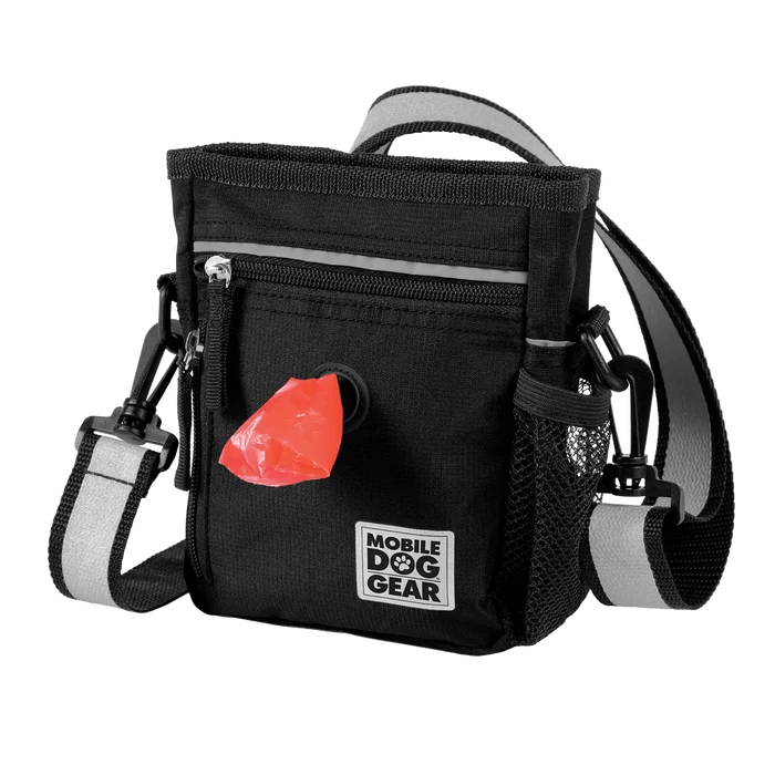 Day/Night Walking Bag,"Black shoulder bag with zip pocket, mesh side holder, and red dispenser"