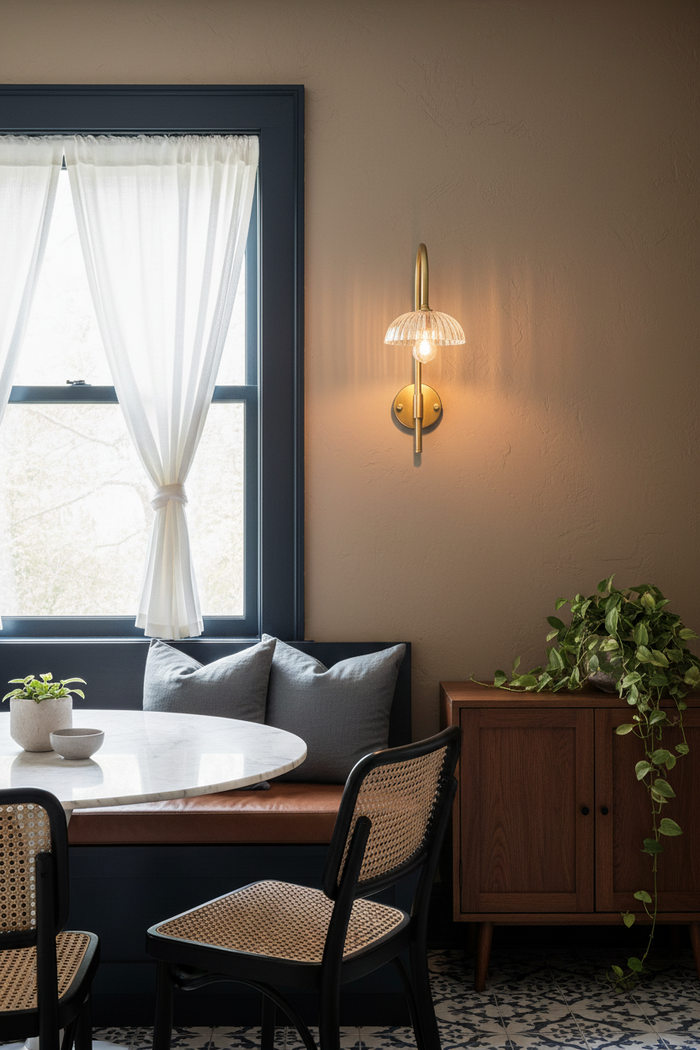 A Deloraine Shepherd Hook Swivel Arm Wall Light  in gold brass mounted on a beige wall in a cozy dining nook with a window, bench, and wooden cabinet.