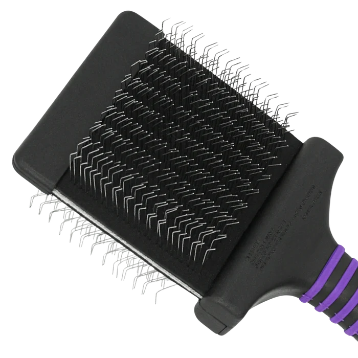 Dematting Extra Firm Slicker Brush,"Black slicker brush head with bent metal pins and purple handle grip"