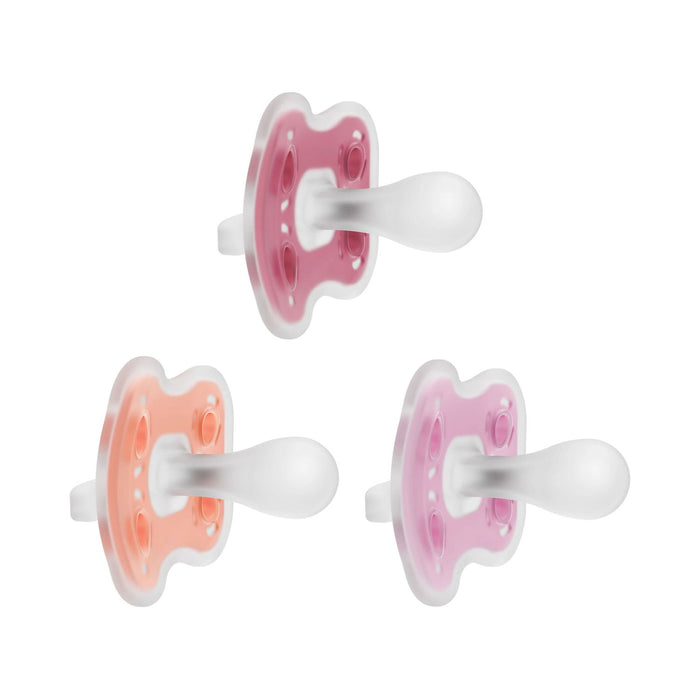 Dr. Brown's® Advantage™ One-Piece Silicone Pacifier, Ages 6-18 months – 3-Pack, features pink, orange, and purple pacifiers with white silicone nipples and butterfly-shaped shields, designed for comfort and safety.