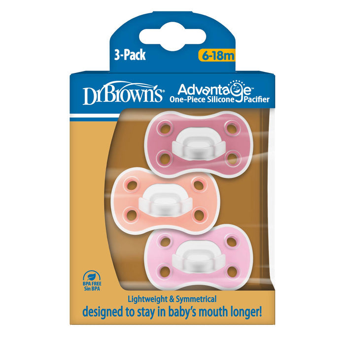 Dr. Brown's® Advantage™ One-Piece Silicone Pacifier, Ages 6–18 months – 3-Pack, includes three pink and peach silicone pacifiers.