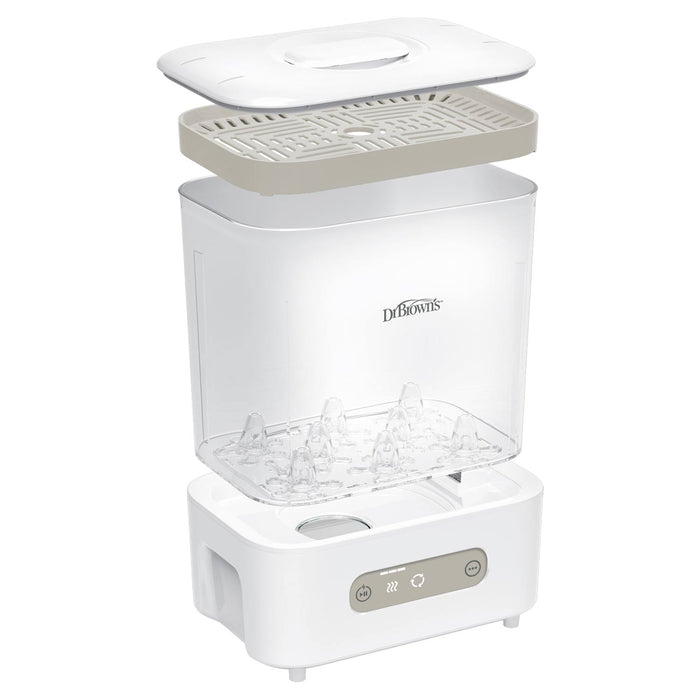 Dr. Brown's steam sterilizer and dryer shown in an exploded view, displaying its white plastic body, clear water tank, beige inner tray, and white lid