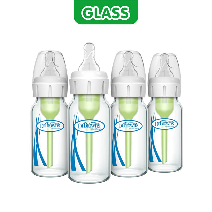 Four Dr. Brown's baby bottles made of clear glass with white screw caps and blue branding, shown on a white background with a green 'GLASS' label at the top.