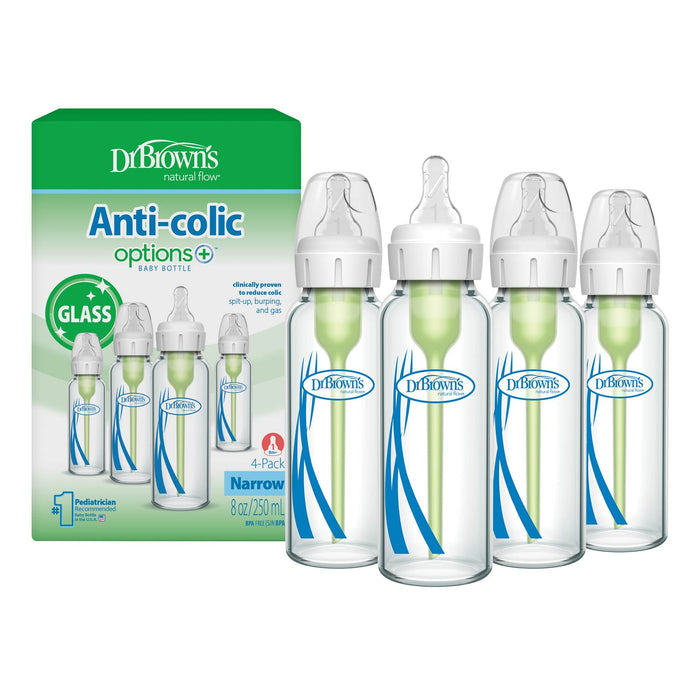 A 4-pack of Dr. Brown's Anti-colic options+ glass baby bottles with white caps and blue striped designs, shown next to their green and white retail box on a white background.