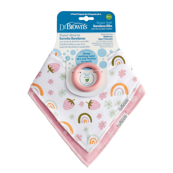 Dr. Brown's™ Bandana Bibs with Removable Teether come in pastel rainbow, strawberry, and flower patterns and feature a detachable teether on each bib.