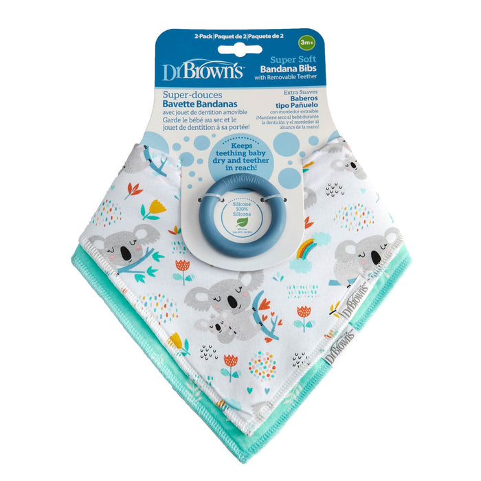 Dr. Brown's™ Bandana Bibs with Removable Teether, for babies 3+ months, features a cute koala print and turquoise trim. The packaging shows the attached teether, perfect for teething relief.