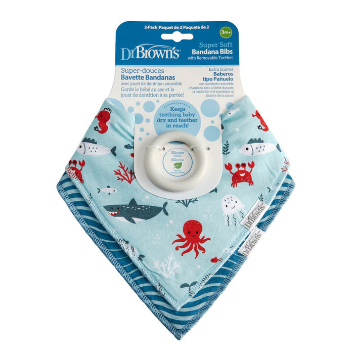 Dr. Brown's™ Bandana Bibs with Removable Teether 2-pack features ocean animal prints—whales, sharks, octopuses, and fish—on blue backgrounds. Includes a teether ring and comes in packaging. Brand: Dr. Brown's.