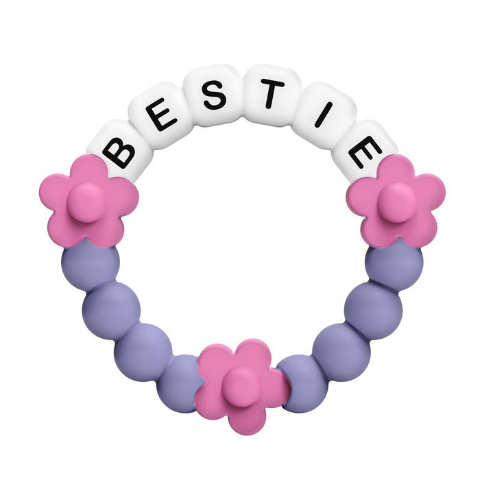 Teething ring with 'BESTIE' letters and pink flower designs