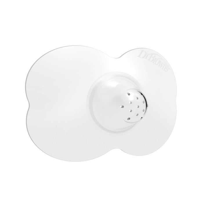 Dr. Brown's™ Butterfly Nipple Shields are transparent silicone shields with a butterfly-shaped base and small tip holes for breastfeeding support. "Dr. Brown's" is lightly embossed on the upper right side of each shield.