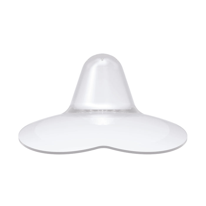 Dr. Brown's™ Butterfly Nipple Shields feature a clear silicone design with a soft, rounded nipple and wide heart-shaped base for comfortable breastfeeding support. Shown on a plain white background.