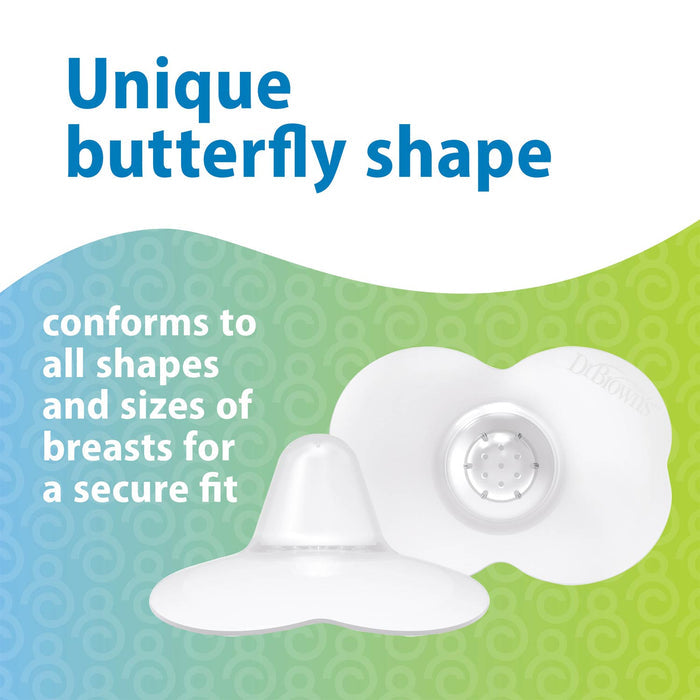 Dr. Brown's™ Butterfly Nipple Shields, shown on a green-to-blue gradient, feature a unique butterfly shape that gently conforms to all breast shapes and sizes for a secure fit while breastfeeding.