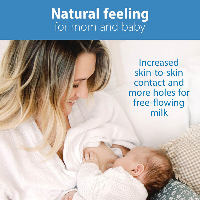 A smiling woman breastfeeds her baby on a bed. Text above reads "Natural feeling for mom and baby" and to the right, "Increased skin-to-skin contact with Dr. Brown’s™ Butterfly Nipple Shields and more holes for free-flowing milk.