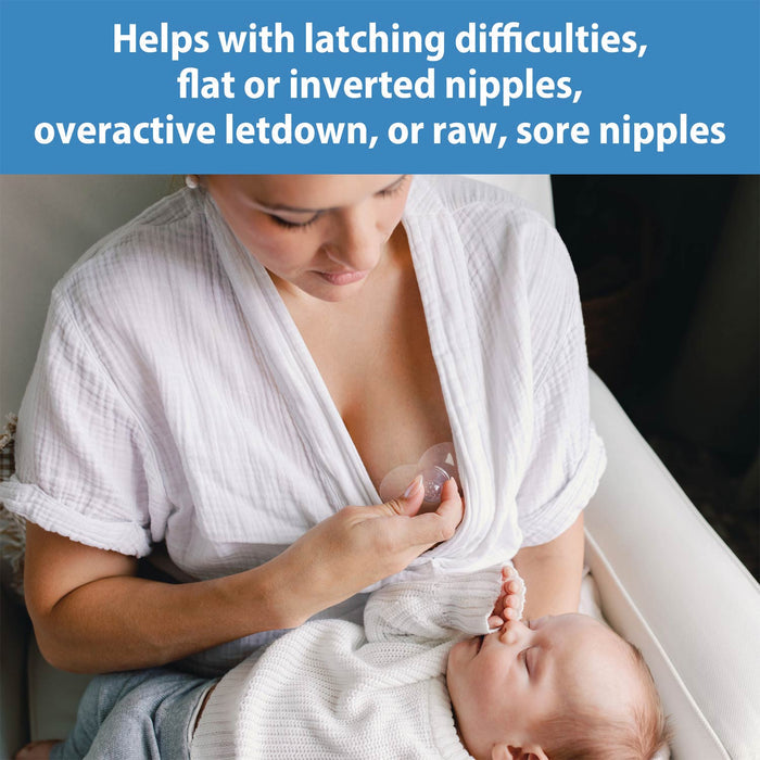 A mother uses Dr. Brown's™ Butterfly Nipple Shields while breastfeeding her baby. Text above reads: "Helps with latching issues, flat or inverted nipples, overactive letdown, or sore nipples.
