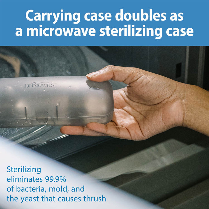 A hand places a translucent plastic carrying case labeled "Dr. Brown's™ Butterfly Nipple Shields" into a microwave. Text explains the case also works as a sterilizer, eliminating 99.9% of bacteria on nipple shields and silicone accessories.