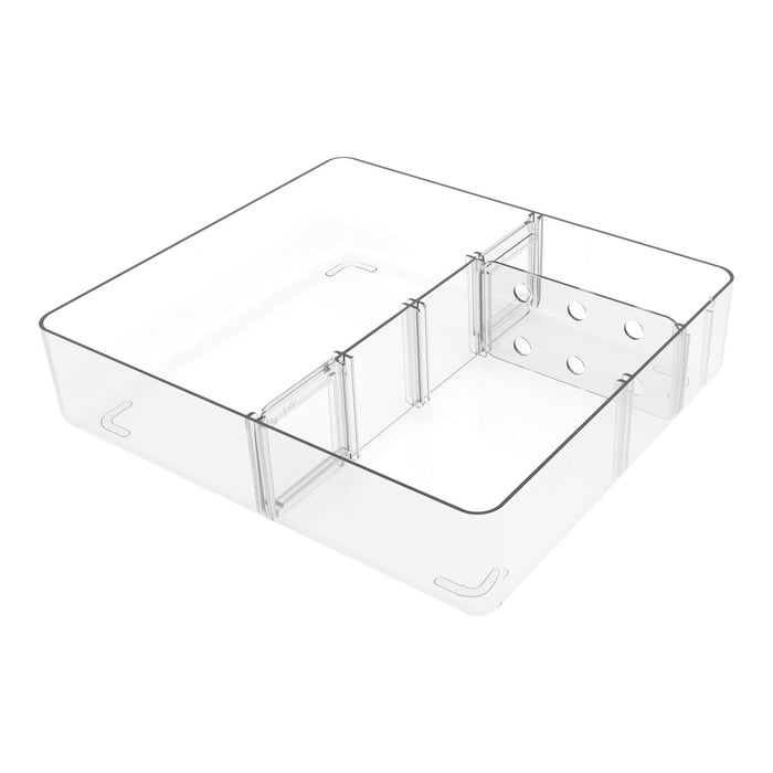 Clear plastic organizer tray with a rectangular base, raised walls, and internal divider panels