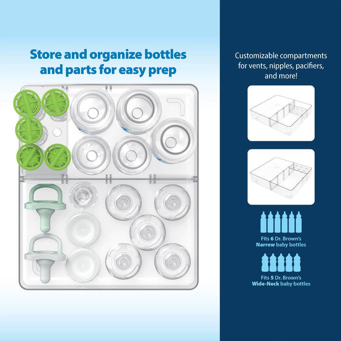 Baby bottle storage organizer tray with clear plastic compartments and several green and pale green bottle parts, shown with feature callouts on the right.