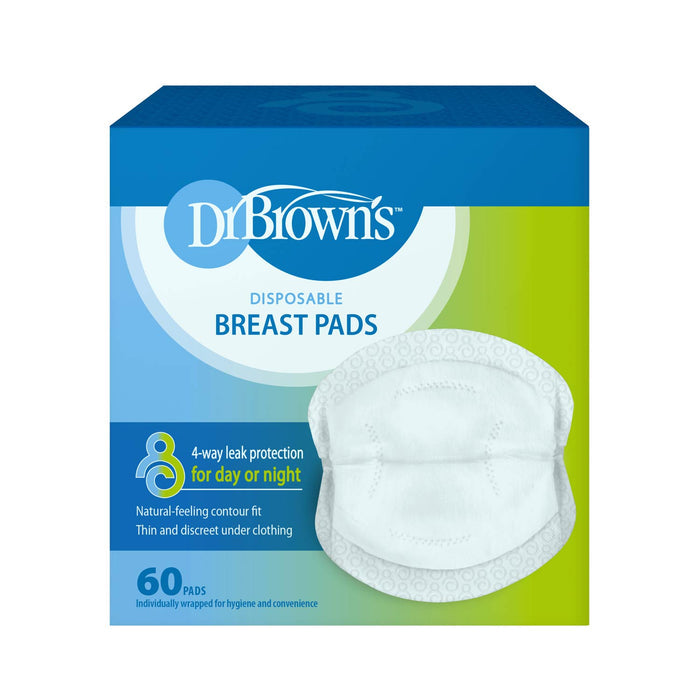 A blue and green box of Dr. Brown's™ Disposable Breast Pads, showing a pad image on the front, highlights 4-way leak protection, a quick-absorbing core, 60 pads per box, and day or night use.
