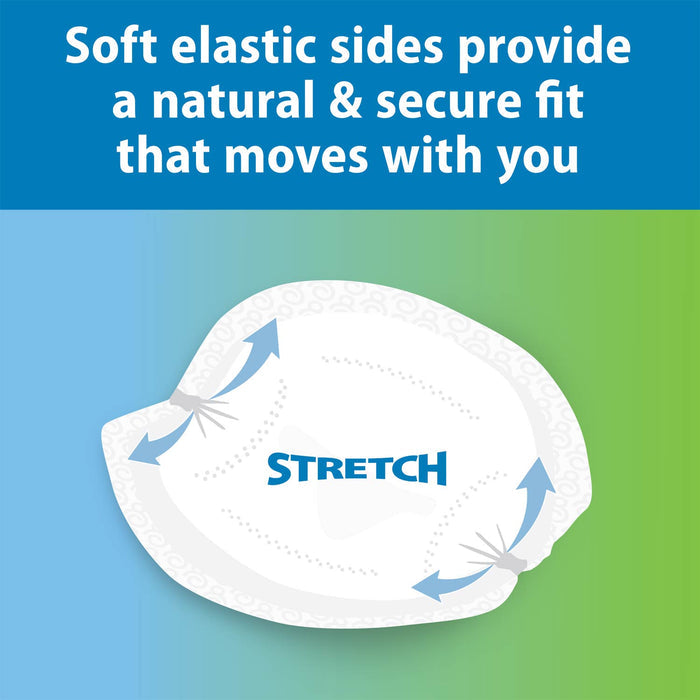 Illustration of Dr. Brown's™ Disposable Breast Pads with arrows highlighting stretchable, soft elastic sides. Text reads, "Soft elastic sides and quick-absorbing core for a natural, secure fit." Blue and green gradient background.