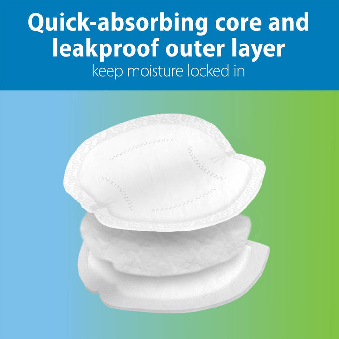 Three Dr. Brown's™ Disposable Breast Pads are displayed on a blue and green background with text: "Quick-absorbing core and leakproof outer layer provide reliable leak protection to keep moisture locked in.