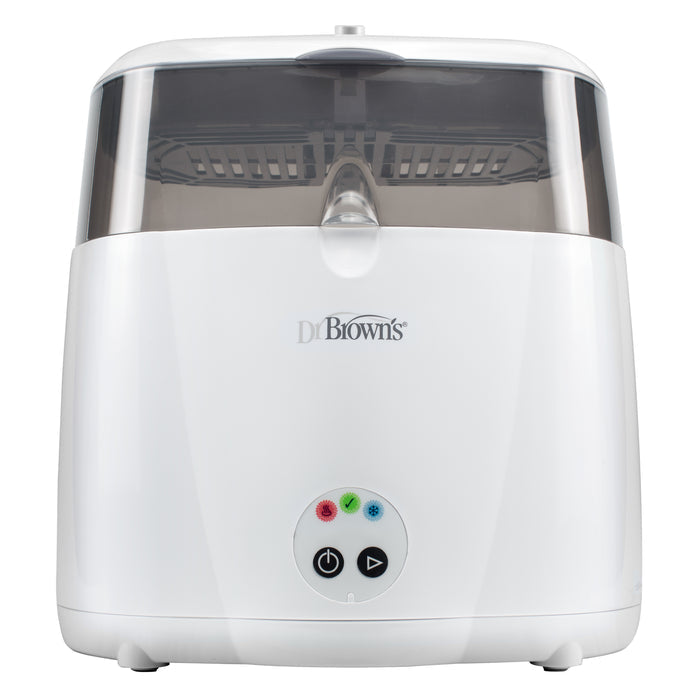 Front view of a white Dr. Brown's Electric Deluxe Baby Bottle Sterilizer featuring a transparent lid and a control panel with a power button, along with red, blue, and green indicator lights at the bottom center to ensure thorough sanitization of your baby's bottles.