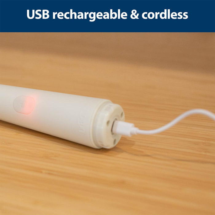 USB rechargeable device on a wooden surface with text indicating USB rechargeable & cordless.