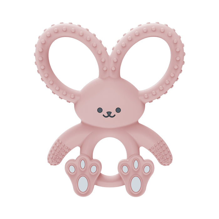 Dr. Brown's® Flexees™ Bunny Silicone Teether by Dr. Brown's features textured ears and paws, a smiling face, and a circular center opening for teething comfort.