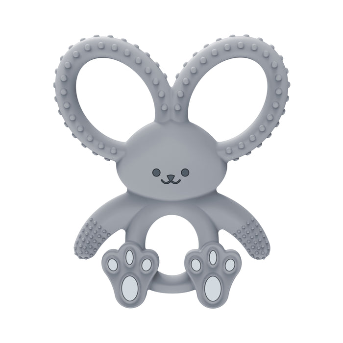 Ease teething pain with Dr. Brown's® Flexees™ Bunny Silicone Teether in gray, featuring safe silicone, two large looped ears, textured surfaces, and paw-shaped feet—perfect for little hands to grasp.
