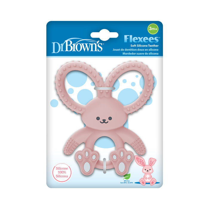 Dr. Brown's® Flexees™ Bunny Silicone Teether, in pink, is made from soft silicone, comes in baby-friendly packaging, and is designed for babies 3 months and up.