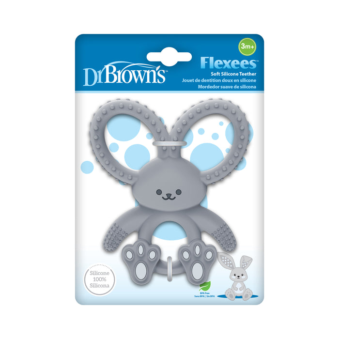 Dr. Brown’s® Flexees™ Bunny Silicone Teether soothes teething discomfort for babies 3 months+, featuring a bunny shape for easy grip and relief.