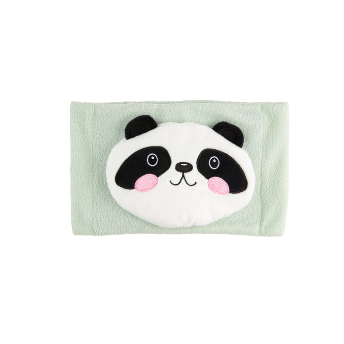 Dr. Brown's Infant Gripebelt by Dr. Brown's is a light green rectangular fabric pouch belly band, adorned with a plush panda face featuring black ears, black eyes, and pink cheeks on the front.