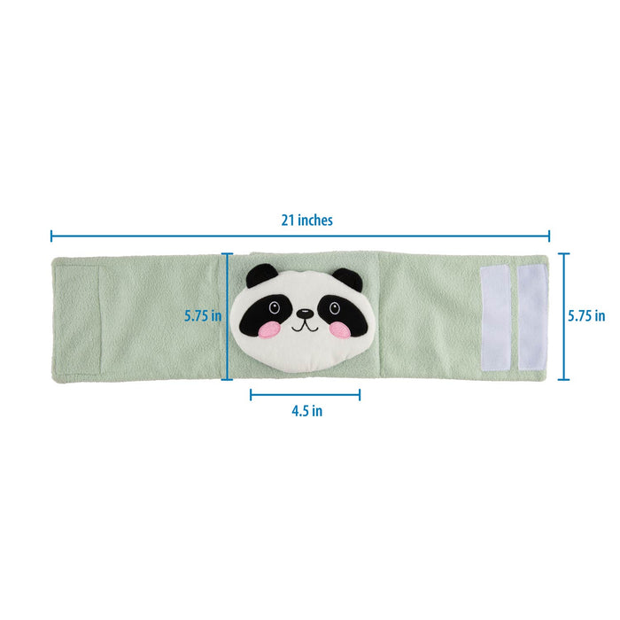 A pale mint green plush wrist wrap or band with a panda face applique in the center and two white hook-and-loop fastening areas on the right side. Blue measurement lines and text indicate dimensions: 21 inches across, 5.