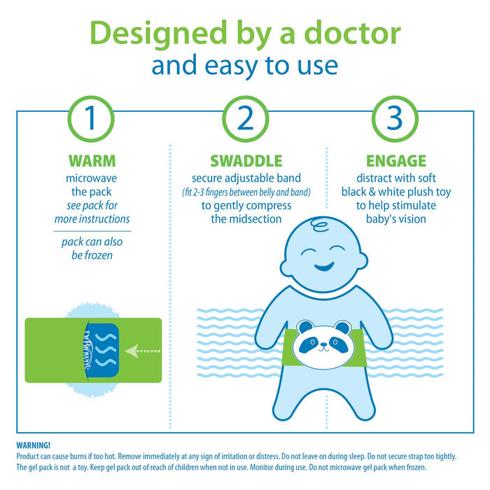 An instructional infographic titled 'Designed by a doctor and easy to use' showing three steps for using a baby midsection stimulator pack: warm, swaddle, and engage. It includes a blue cartoon baby holding a panda plush toy and a green rectangular pack with wavy lines.