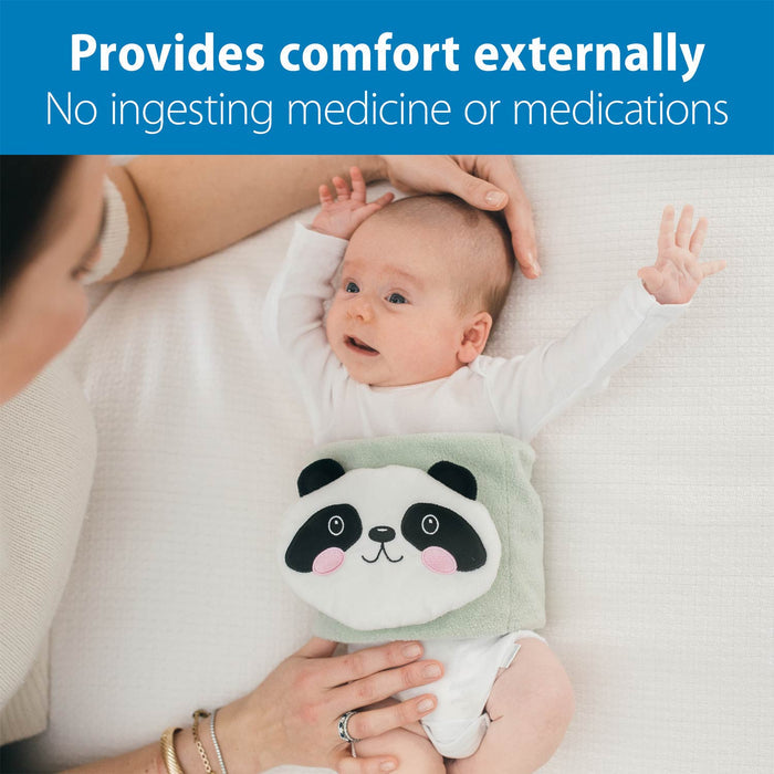 Baby holding a plush panda toy with text about comfort externally and no ingesting medicine.