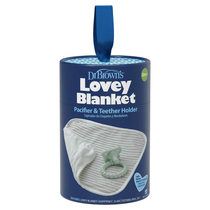A cylindrical box labeled "Dr. Brown's™ Lovey Blanket Pacifier and Teether Holder" by Dr. Brown's, featuring a blue ribbon on top, displays a striped blanket and two green HappyPaci pacifiers on the front.