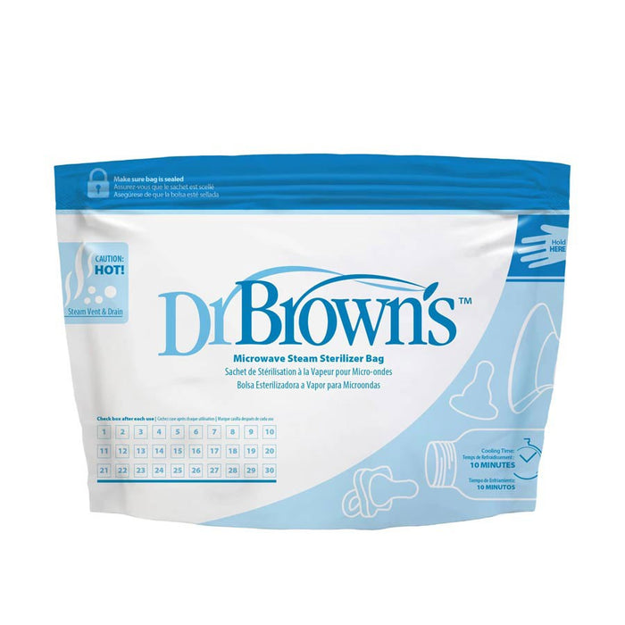 Dr. Brown's Microwave Steam Sterilizer Bags, 5-Pack, come in blue and white packaging with a caution sign and printed baby bottle sterilizing instructions on the front, making them ideal for travel.