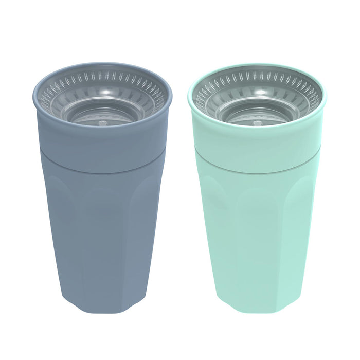 Two reusable cups, one gray and one mint green, on a white background.