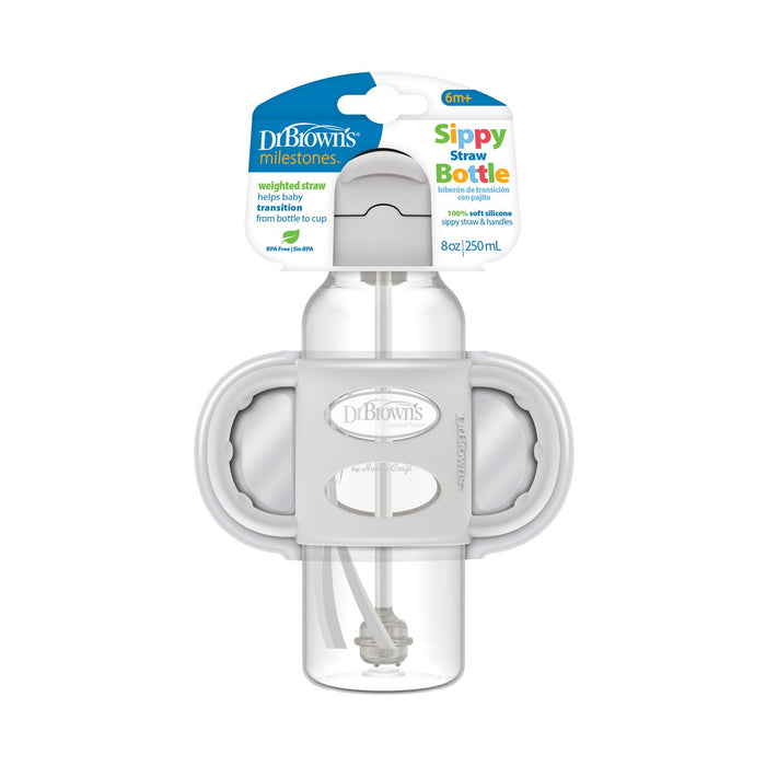 Dr. Brown's Milestones Narrow Sippy Straw Bottle with Silicone Handles, 8 oz/250 mL, features a spill-proof lid and weighted straw to support drinking skills for babies 6+ months, and comes in clear plastic packaging.